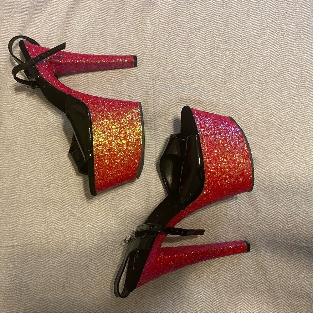 Pleaser Glitter Platform Heels in Pink and Orange Sparkle